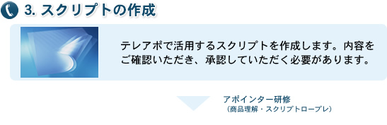 3.スクリプトの作成 テレアポで活用するスクリプトを作成します。内容をご確認いただき、承認していただく必要があります。