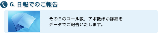 6.日報でのご報告 その日のコール数、アポ数ほか詳細をデータでご報告いたします。